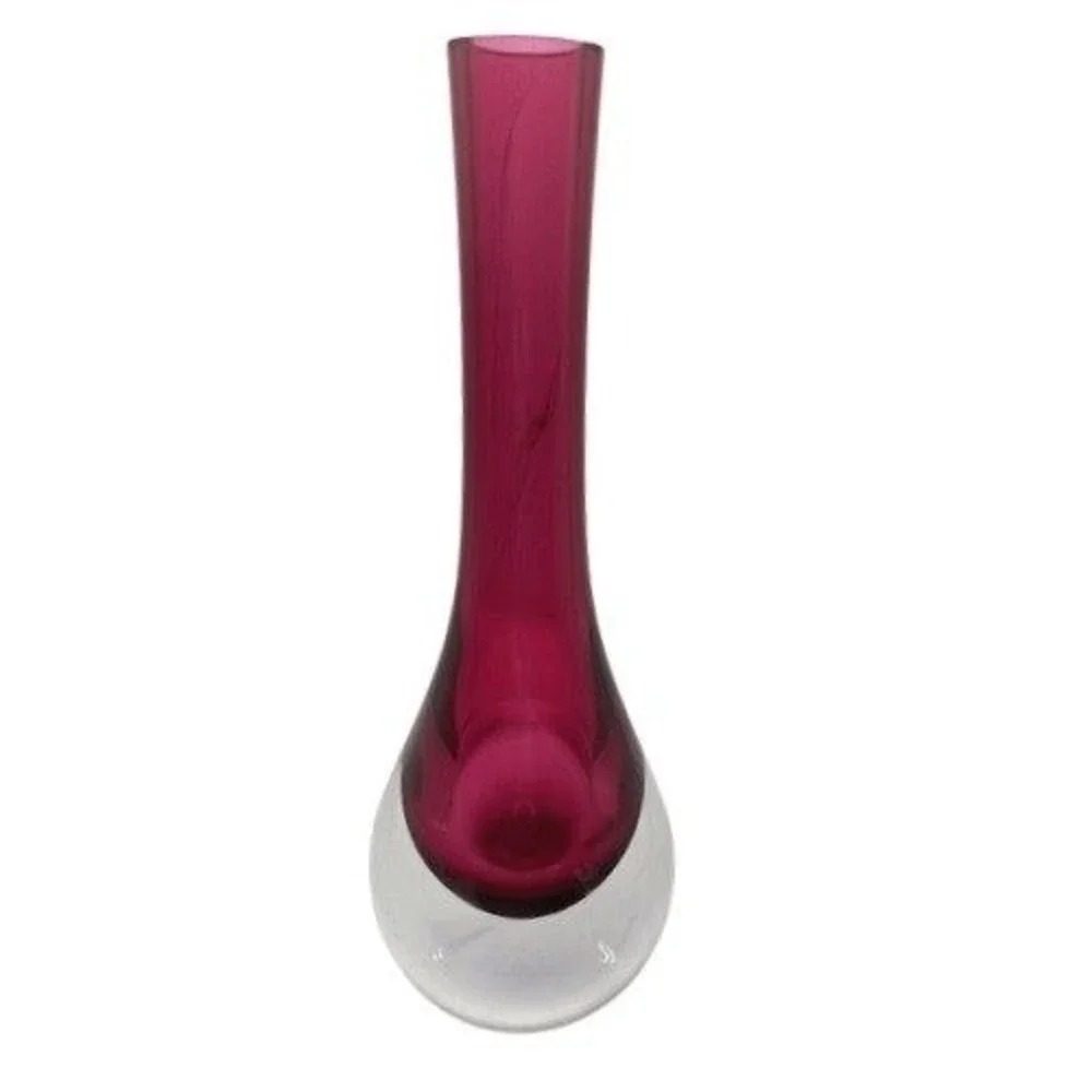 Vintage Sommerso Art Glass Bud Vase Cranberry Pink Clear Teardrop MCM 8 inch